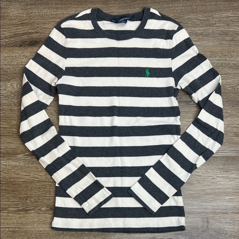 Ralph Lauren Sport Gray & White Striped Long Sleeve Tee | Y2K | Classic Logo | M